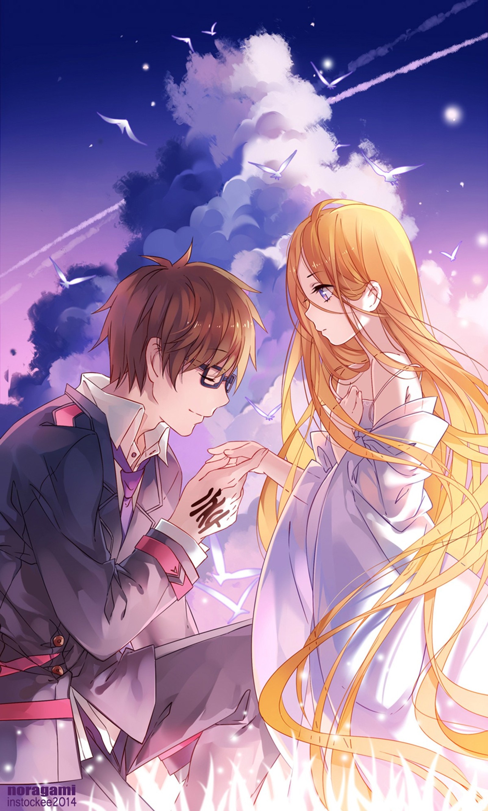 Anime couple in love with a sky background (noragami, beautiful)