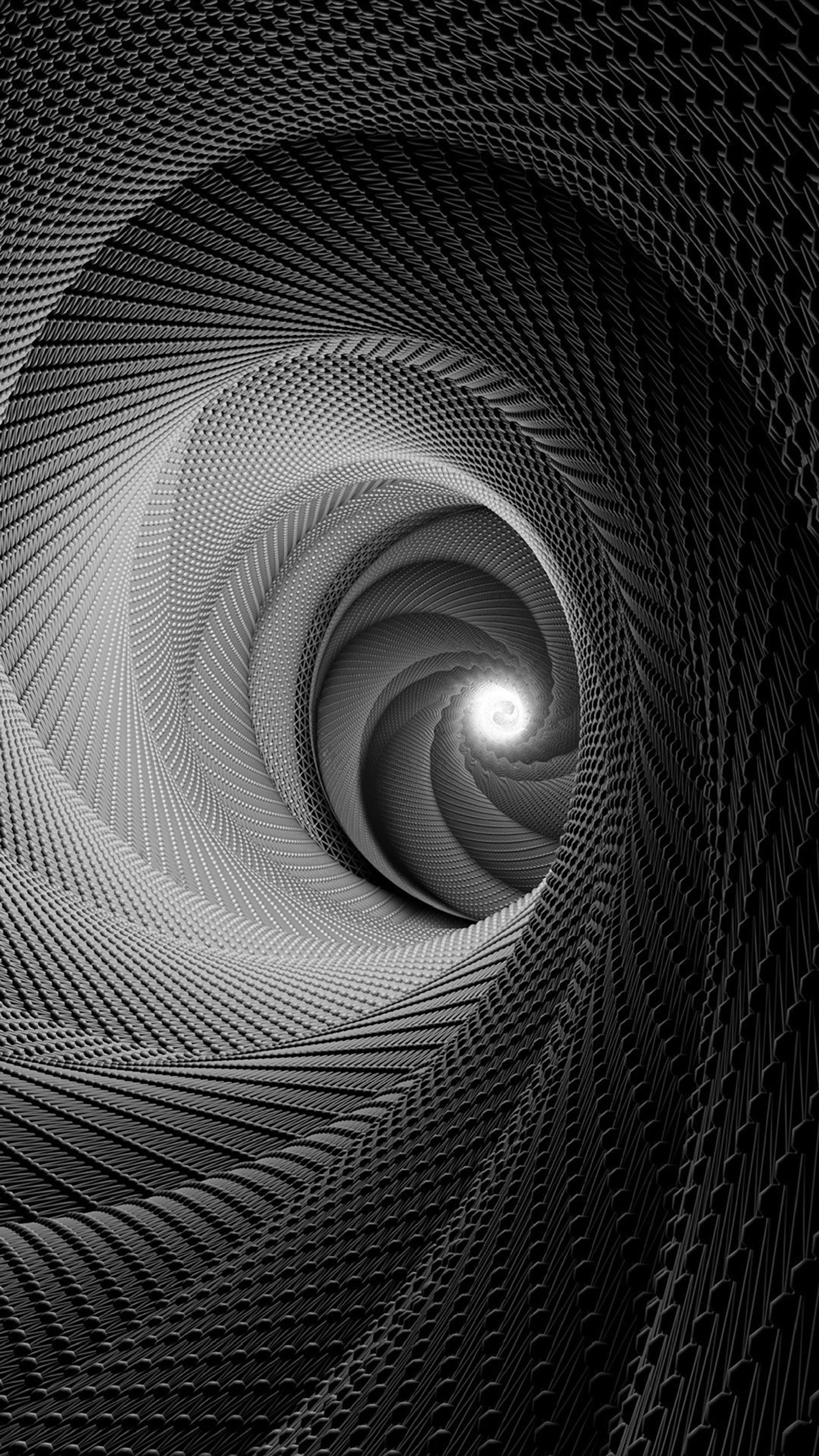 A black and white photo of a spiral design with a light at the end (tuning, vortex, autos, logo, cars)