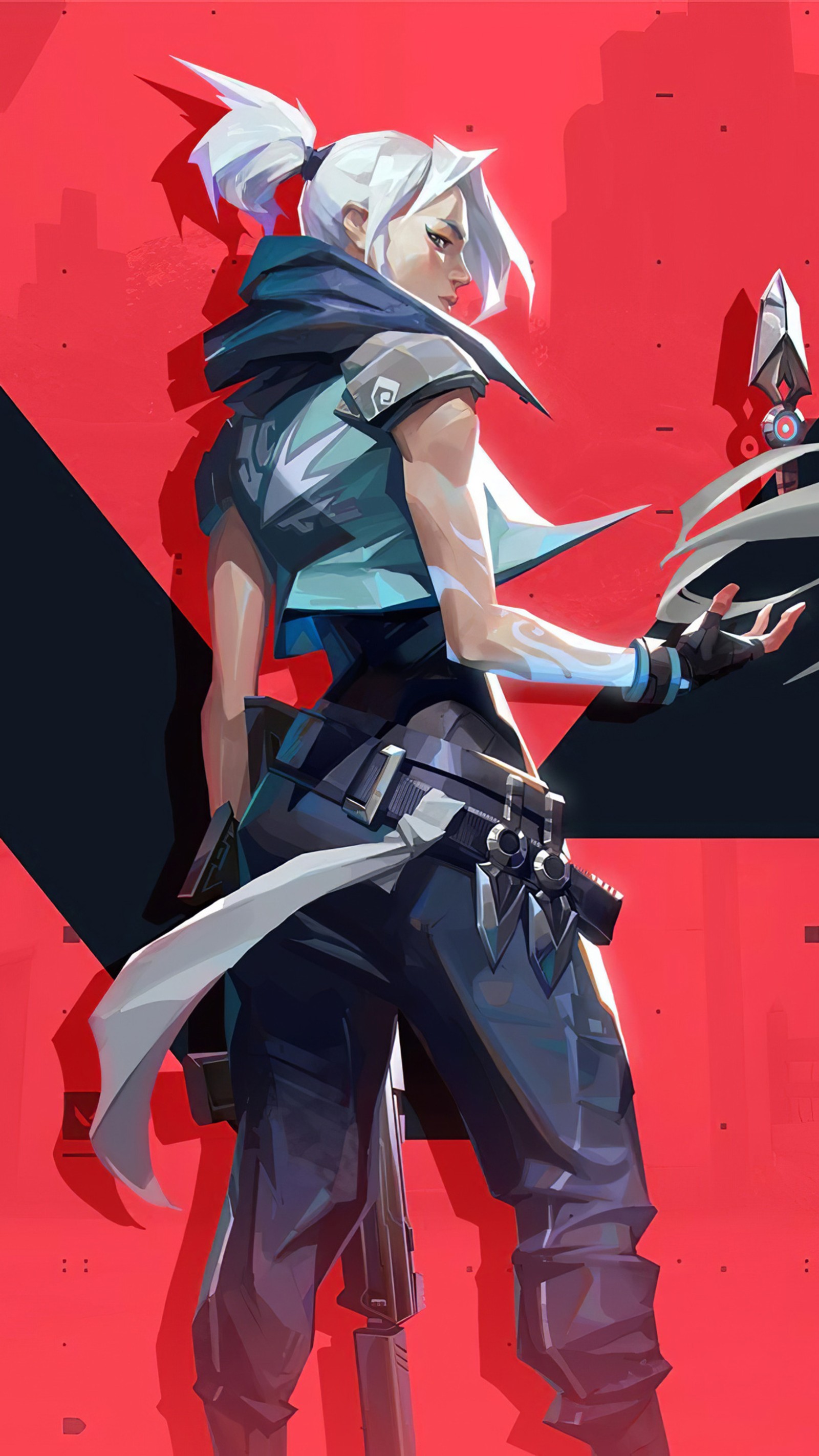 Anime character with sword and sword in hand on red background (games, riot, valorant)