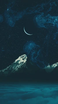 Crescent Moon Over Azure Waves and Majestic Peaks