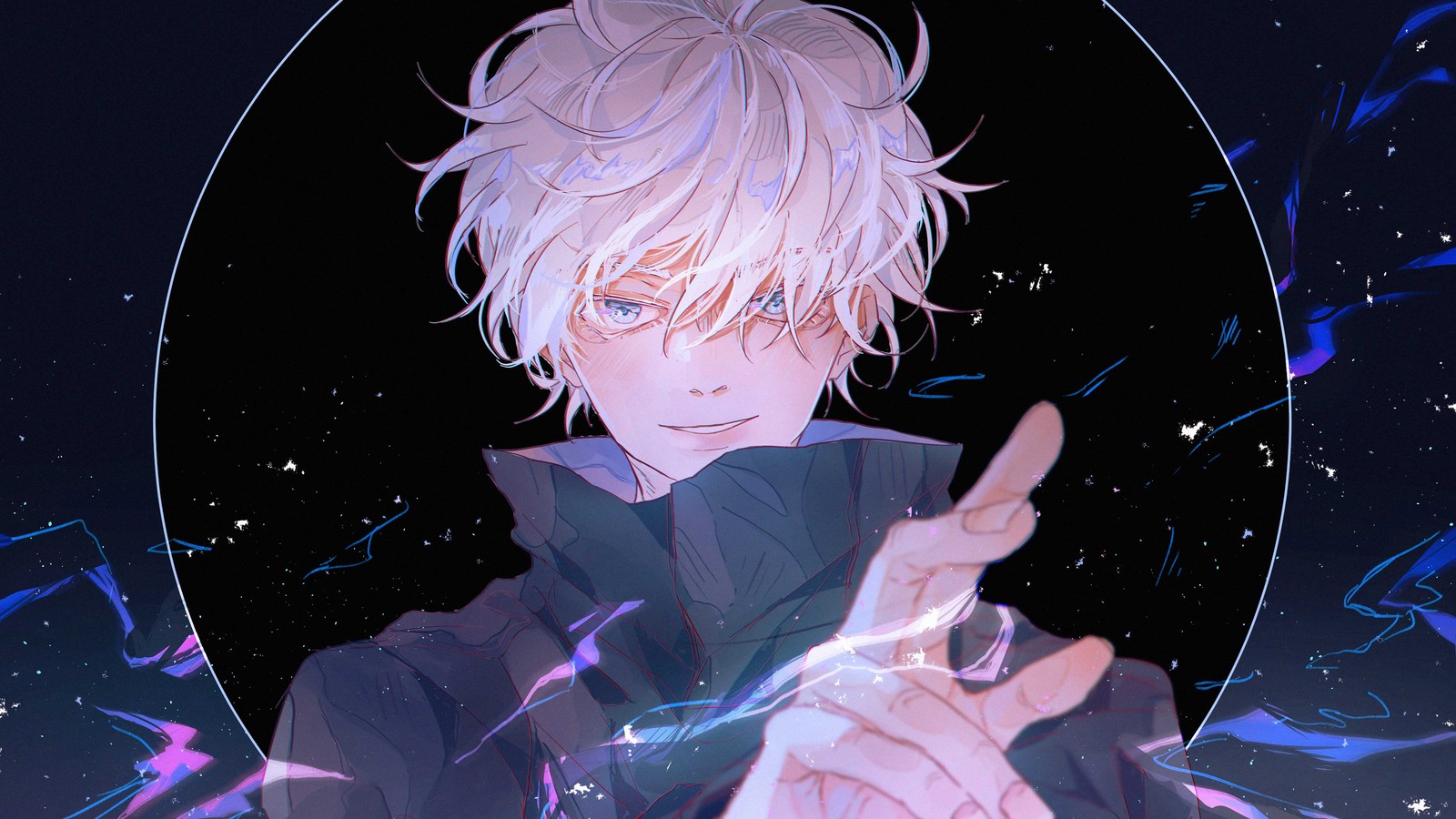 Anime boy with white hair and blue eyes holding a knife (satoru gojo, jujutsu kaisen, anime, sorcery fight, 呪術廻戦)