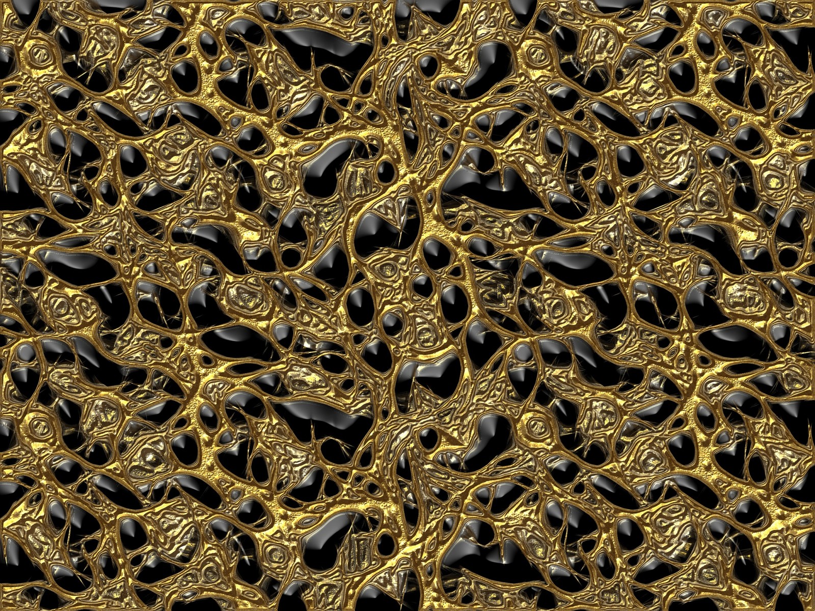 A close up of a gold and black background with lots of black stones (pattern, gold, design, metal, metallic color)