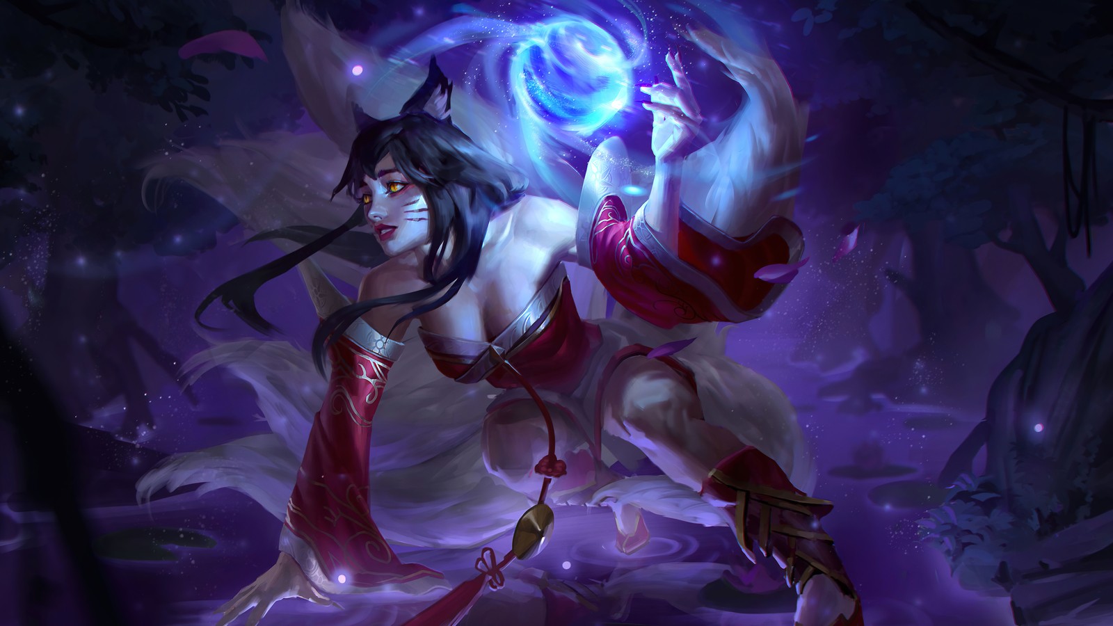 Une femme en robe rouge tenant une balle bleue (ahri, orbe, lol, league of legends, jeu vidéo)