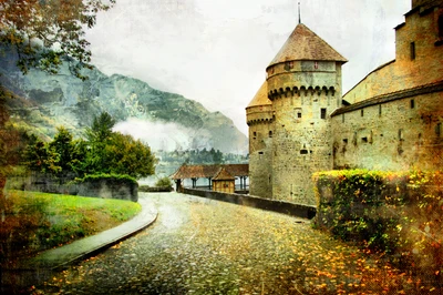 burg, wasserstraße, baum, stockillustration, wasserlauf