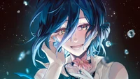 Emotional Portrait of a Chainsaw Man Character with Blue Hair and Floral Accents