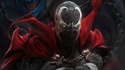 Figura sombria e poderosa do Spawn, adornada com uma capa vermelha ameaçadora, com olhos verdes brilhantes e detalhes intrincados na armadura, cercada por elementos sombrios.