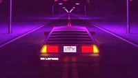 Retro-futuristischer DeLorean auf einer neonbeleuchteten Straße