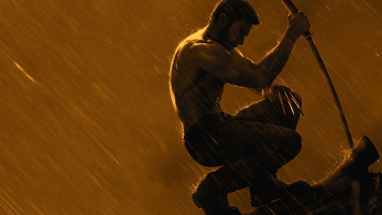 Wolverine-mann im regen mit einem schwert (wolverine, logan, katana, schwert, marvel comics)