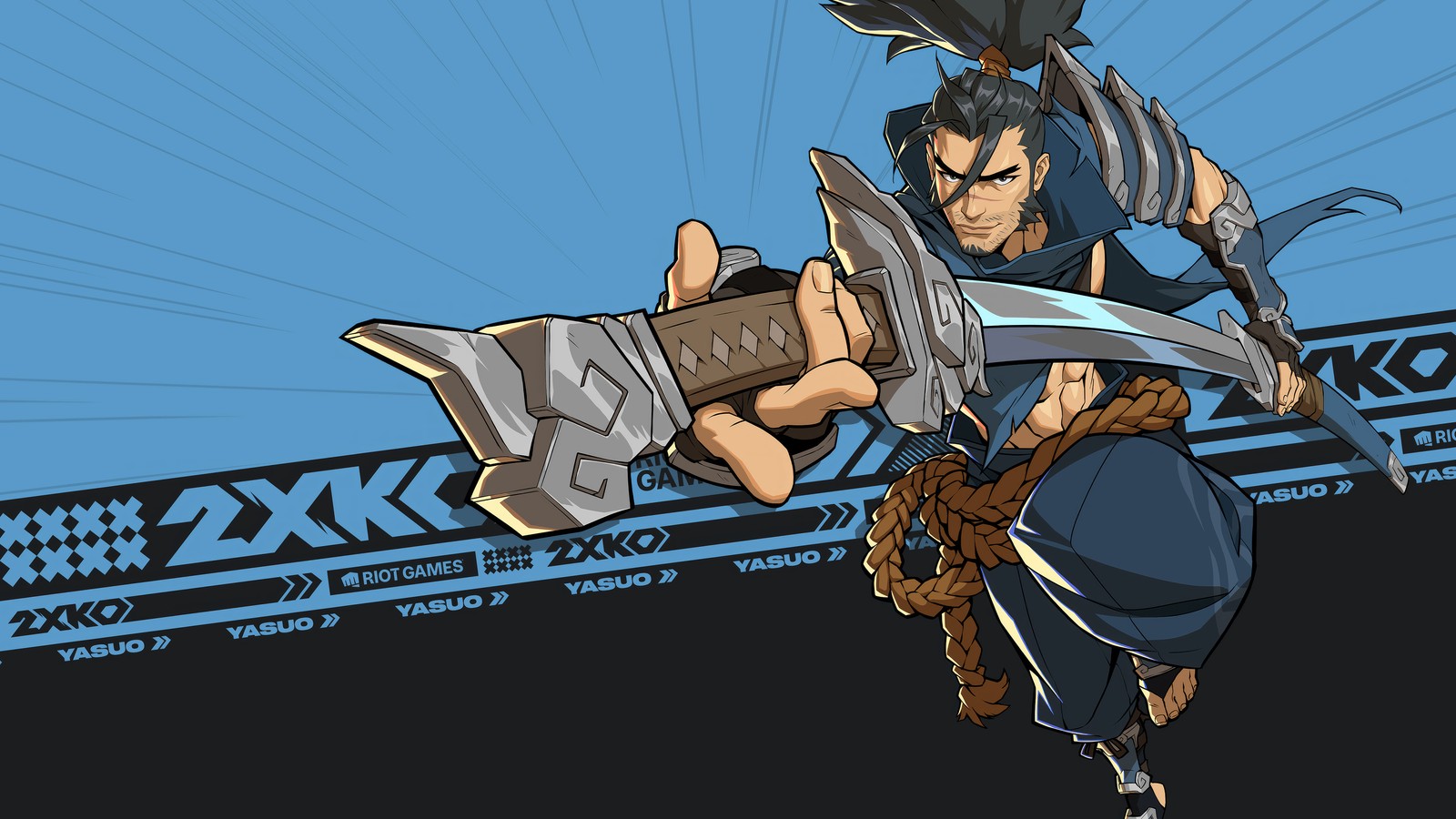 A cartoon image of a man holding a sword and a sword (yasuo, 2xko, video game, league of legends, lol)