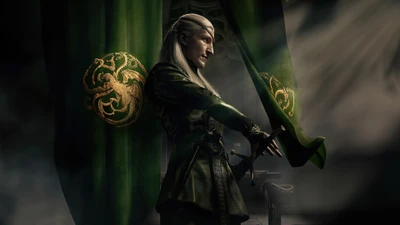 Daemon Targaryen, posando con una espada, enmarcado por dramáticas cortinas verdes adornadas con el emblema Targaryen.