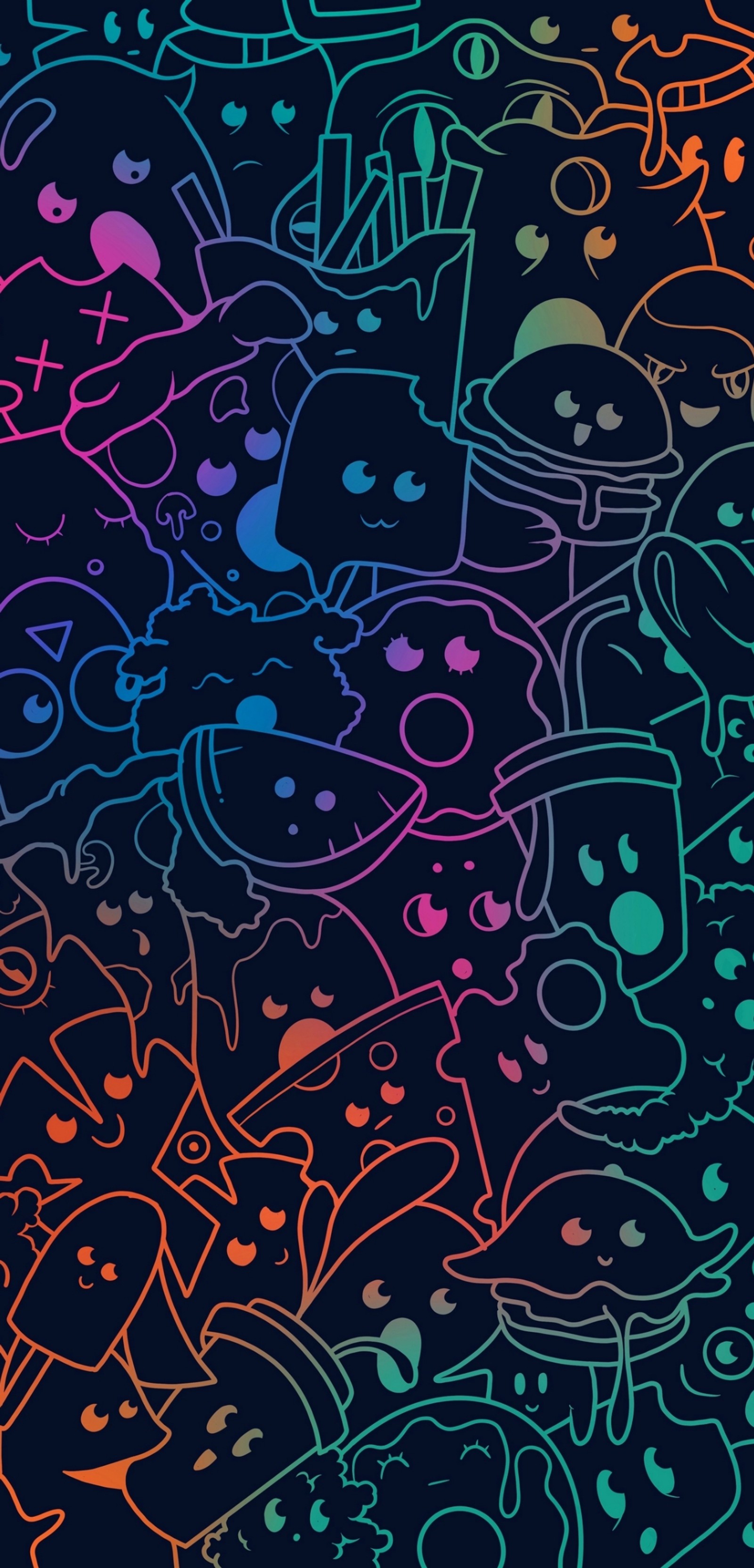 A close up of a bunch of cartoon characters on a black background (art, line, aqua, pattern, electric blue)