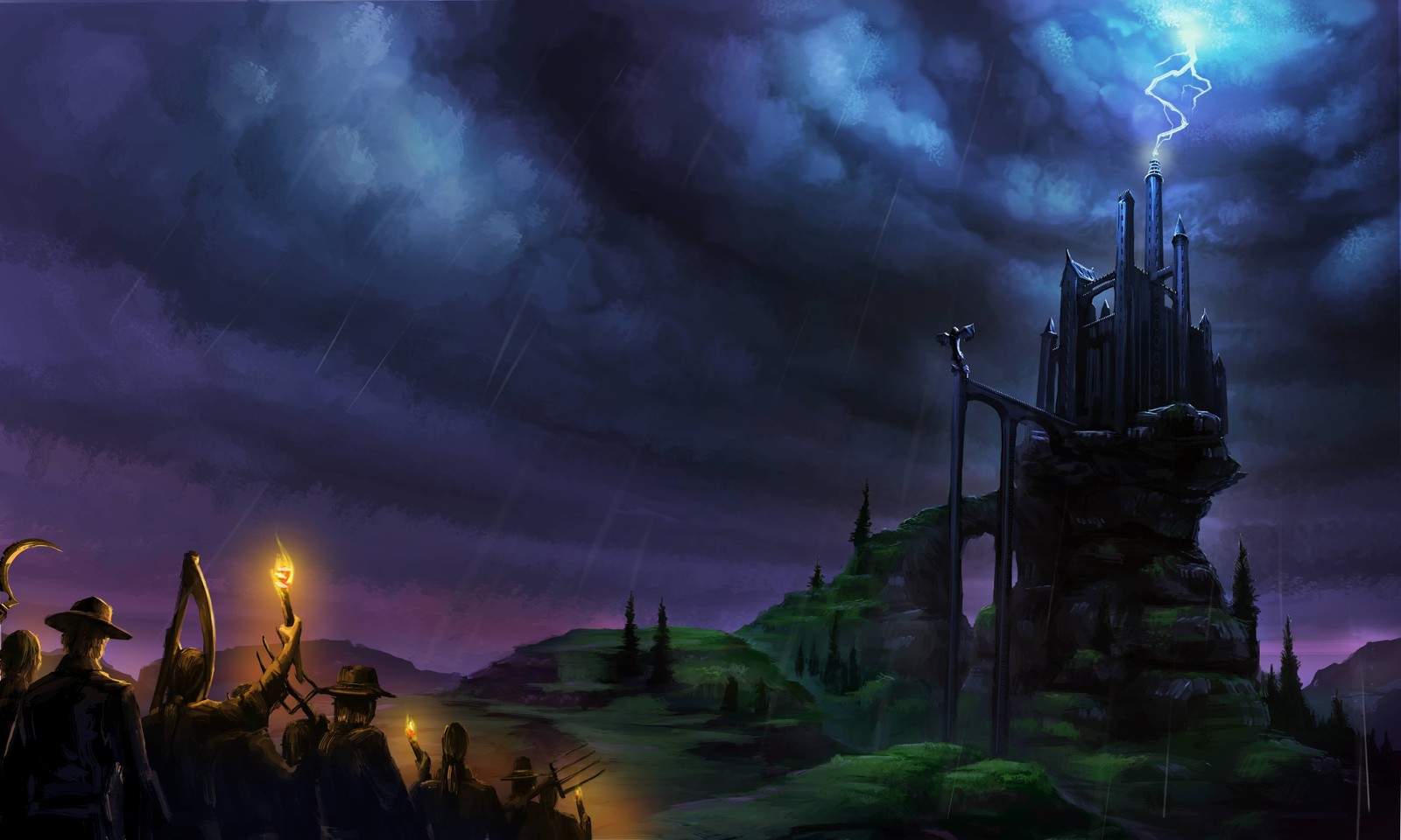 A painting of a castle with a lightning bolt coming out of it (science fiction, thunderstorm, darkness, atmosphere, lightning)