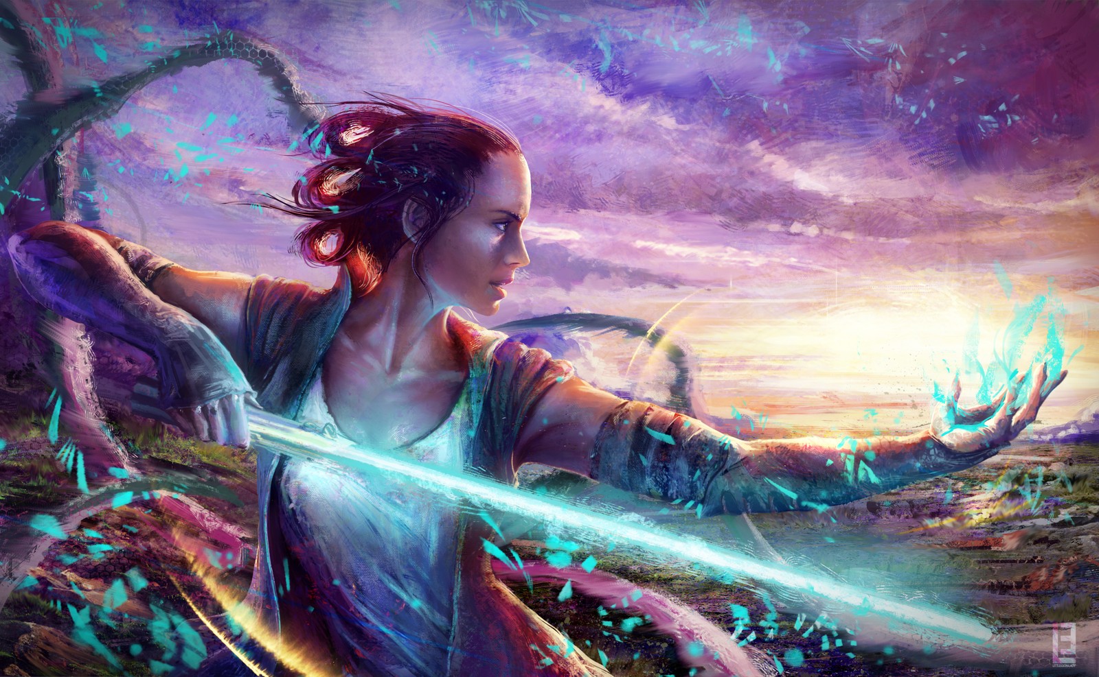 Una mujer sosteniendo una espada en la mano frente a un atardecer (rey, star wars el despertar de la fuerza, personaje ficticio, sable de luz, lightsaber)