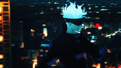 Satoru Gojo in a dynamic pose, blindfolded, against a vibrant cityscape at night, embodying the essence of sorcery from *Jujutsu Kaisen*.