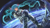 Hatsune Miku en tant qu'astronaute, prête dans l'espace, tenant un objet sphérique avec un fond cosmique.