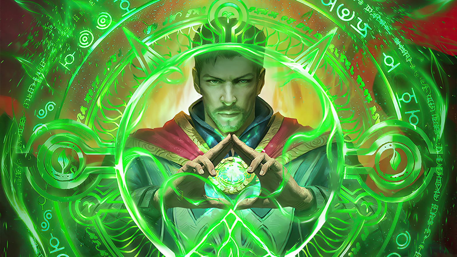 A close up of a man holding a green ball in front of a green circle (doctor strange, marvel comics, superhero, comics, comic)