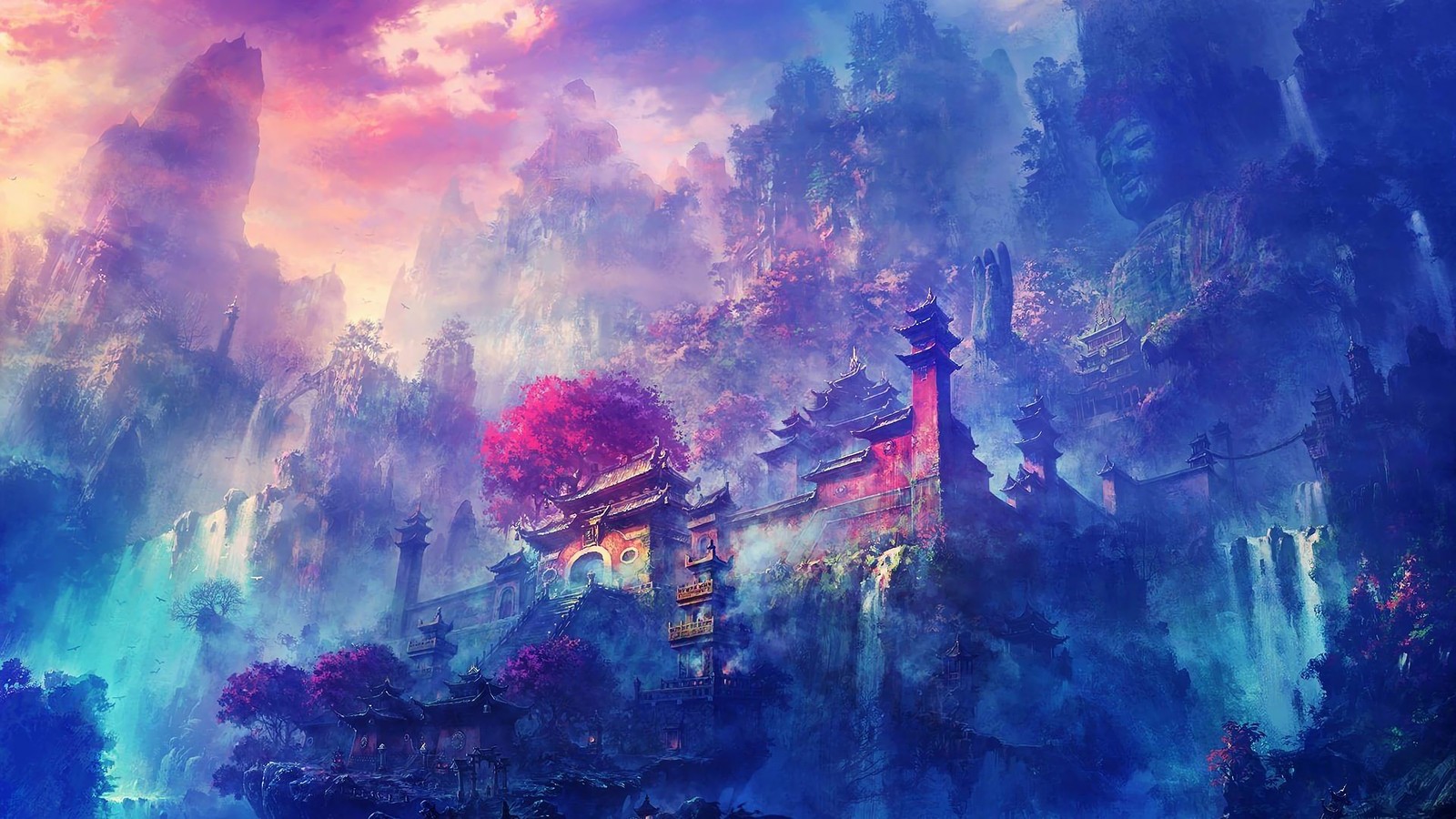 Ein gemälde eines schlosses inmitten eines berges (buddha, oriental, burg, landschaft, anime)