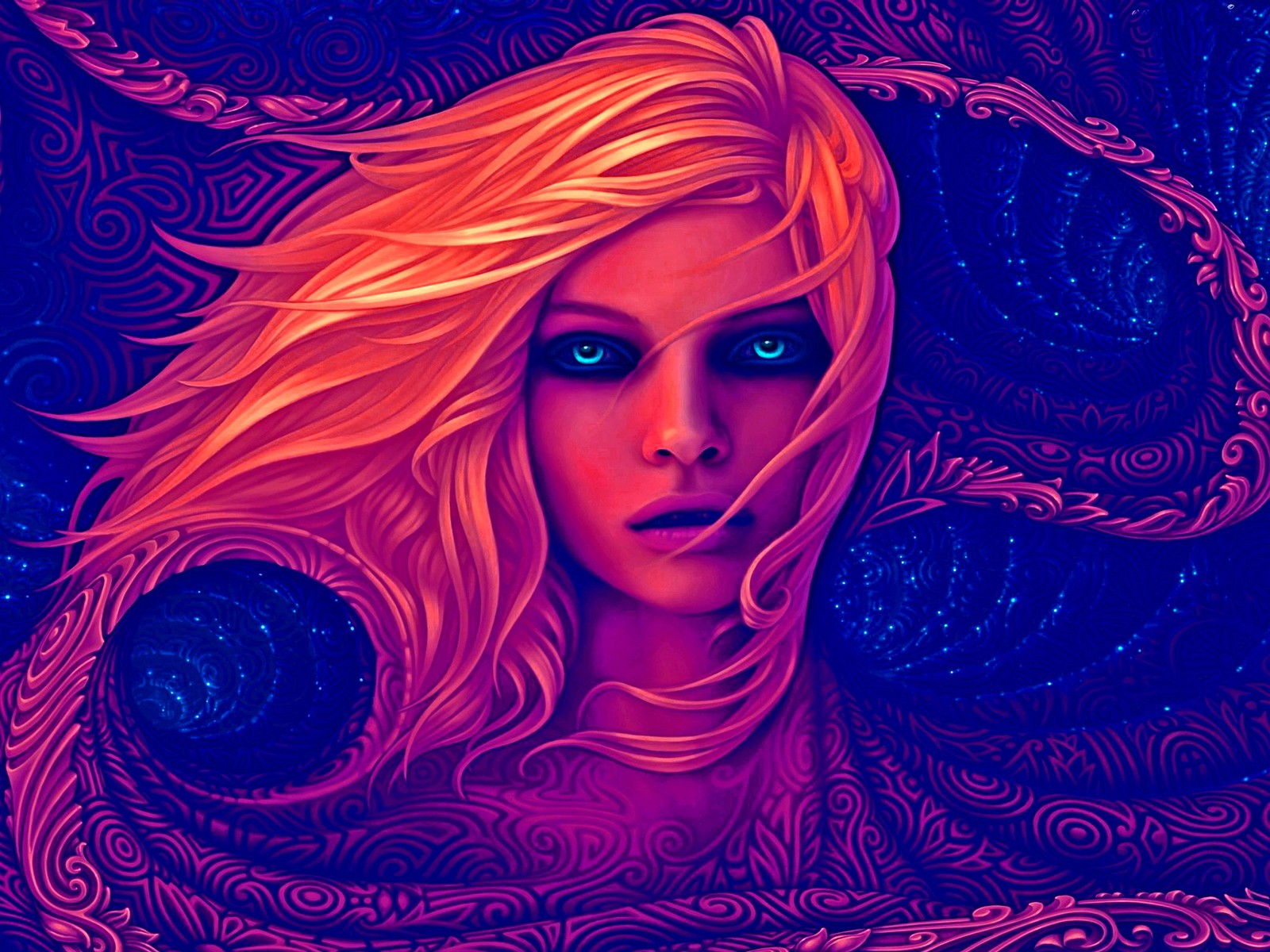 A painting of a woman with long blonde hair and blue eyes (art, work of art, fantastic art, blue, illustration)