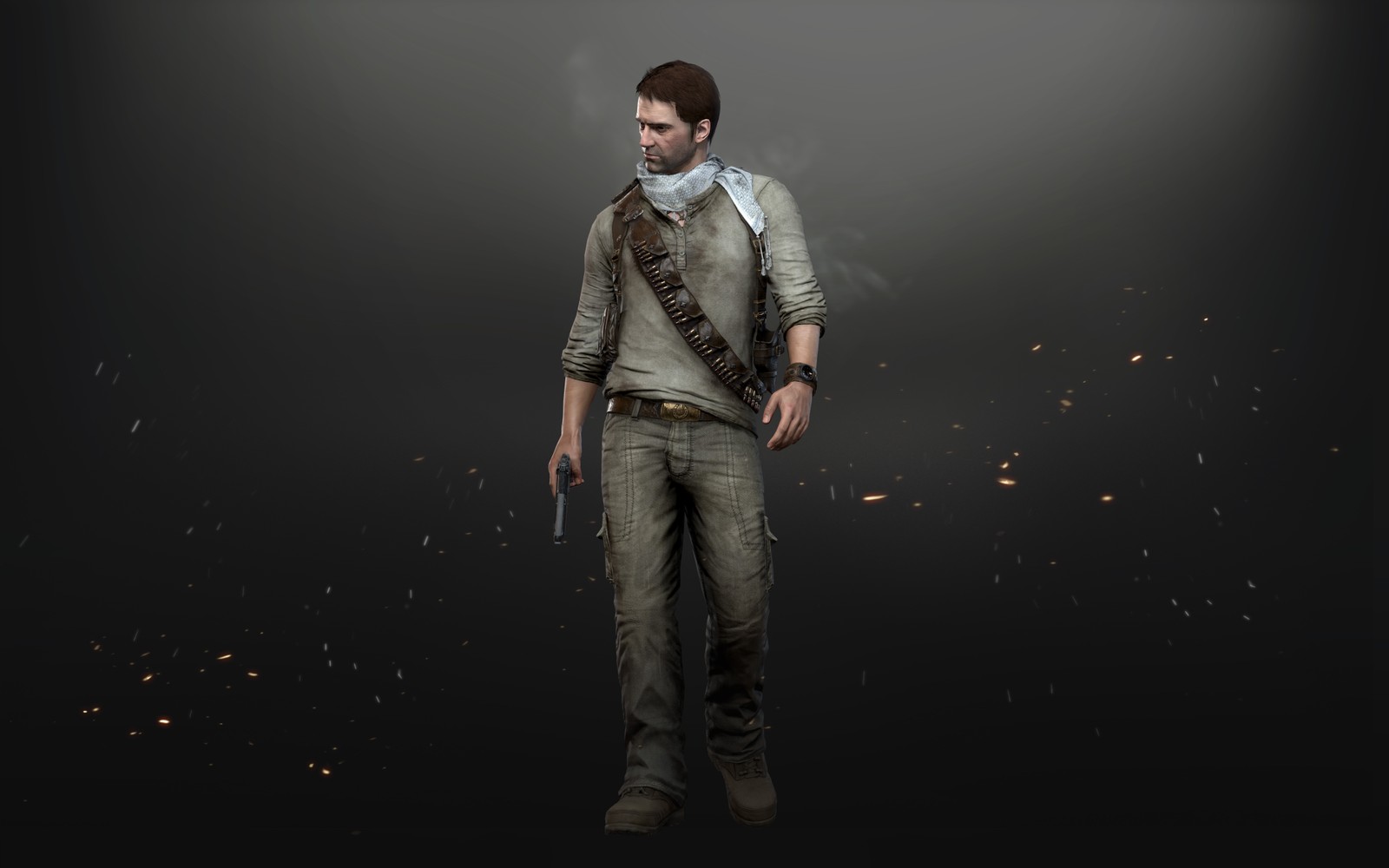 Un homme en chemise grise et jeans tenant une arme (the last of us, nathan drake, playstation 4, pubg corporation, debout)