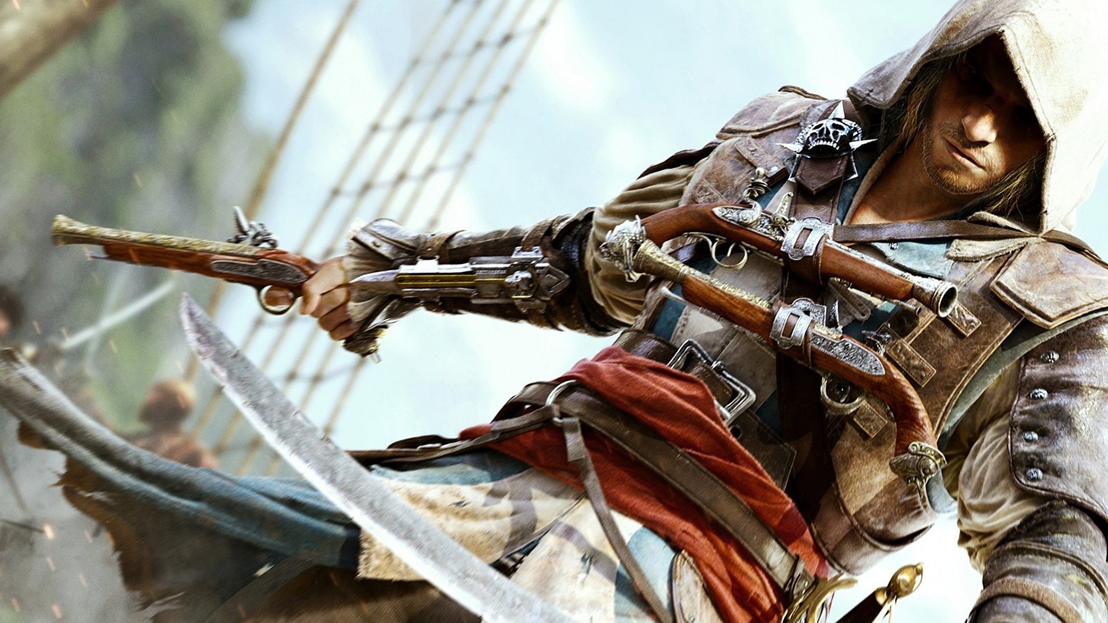 Un primer plano de una persona sosteniendo una espada en un barco (edward kenway, pirata, arma)