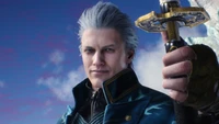 Вергилий из Devil May Cry 5 с уверенным выражением лица, держащий меч на фоне драматичного неба.