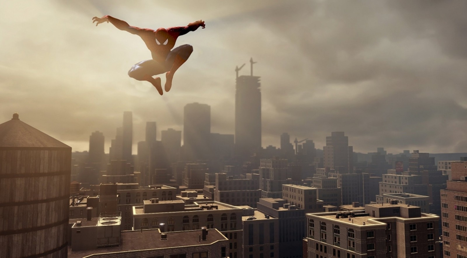 Spider-man saute au-dessus d'une ville dans le ciel dans une scène de l'incroyable spider-man (the amazing spider man 2, spider man, lincroyable spider man, établissement humain, gratte ciel)