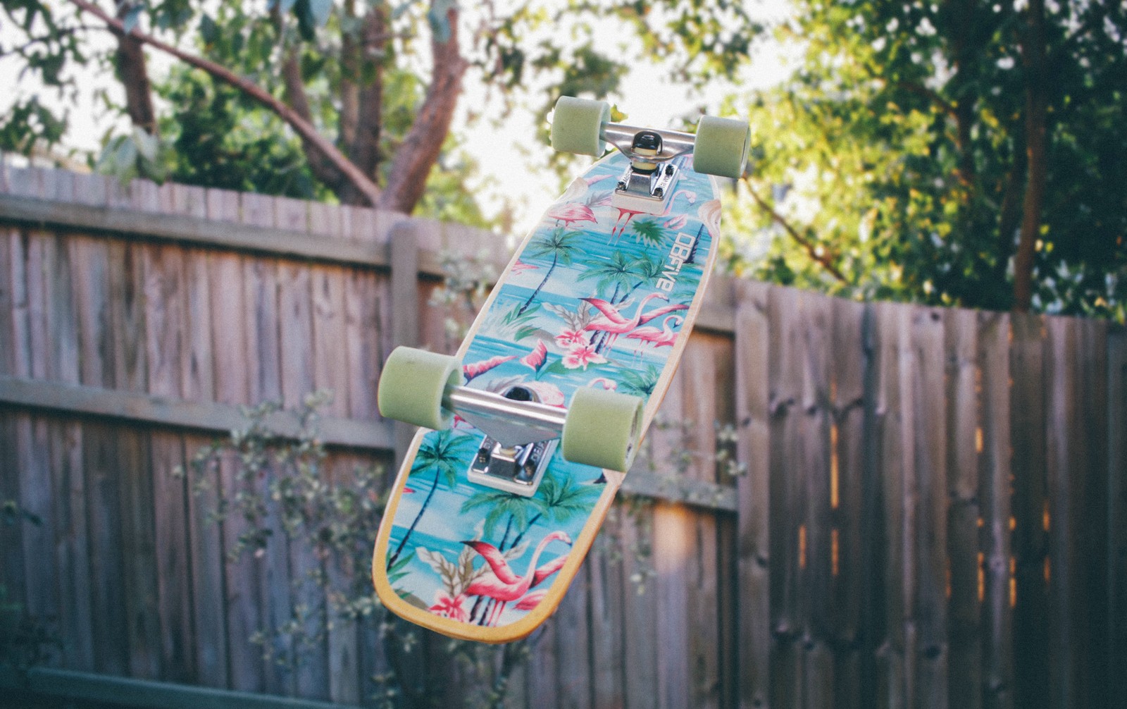 Arafed skateboard in the air with a painted design (skateboard, longboard, skateboarding, longboarding, sports equipment)