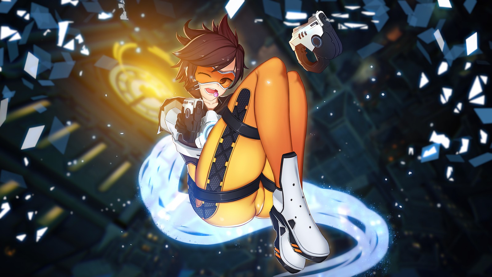 Um close de um personagem de desenho animado segurando um objeto brilhante (tracer, overwatch, jogo de vídeo, arte)