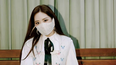 Jiwon do fromis_9 em um traje estiloso e máscara, posando contra um fundo verde.