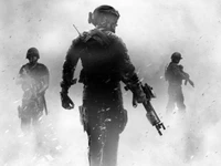 Soldaten, die sich in einem Schneesturm in Monochrom bewegen und die Intensität des Winterkriegs verkörpern.