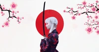 Samurai-Mädchen unter Kirschblüten: Eine grafische Illustration