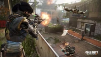 Intense firefight scene in Call of Duty: Black Ops III, featuring a soldier in tactical gear aiming a sniper rifle amidst futuristic urban warfare.