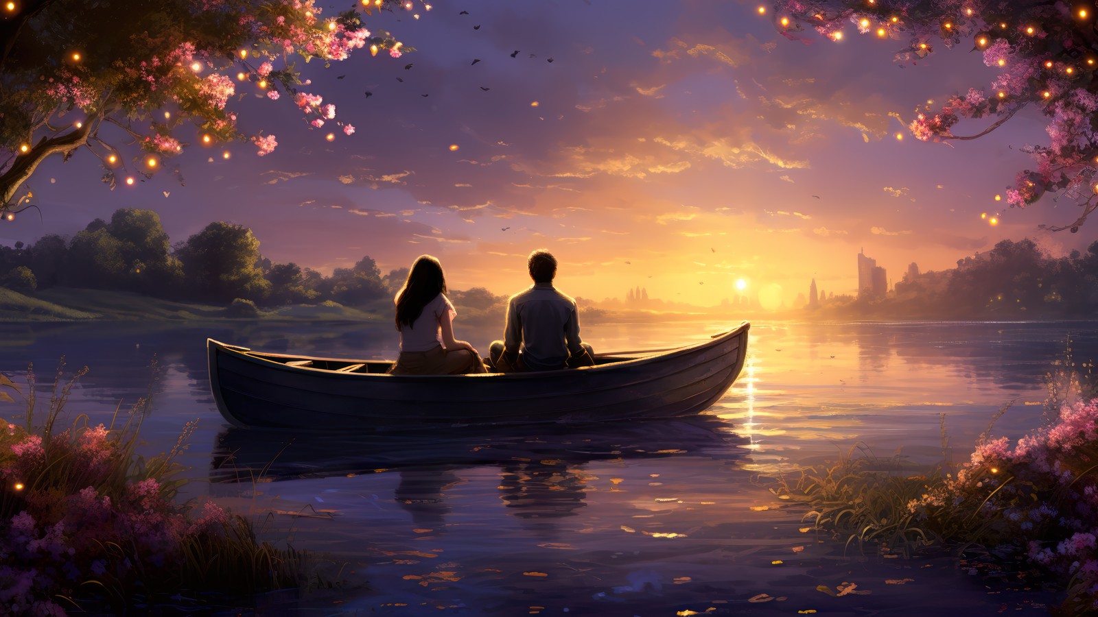 couple, date, sunset, lake, scenery wallpaper