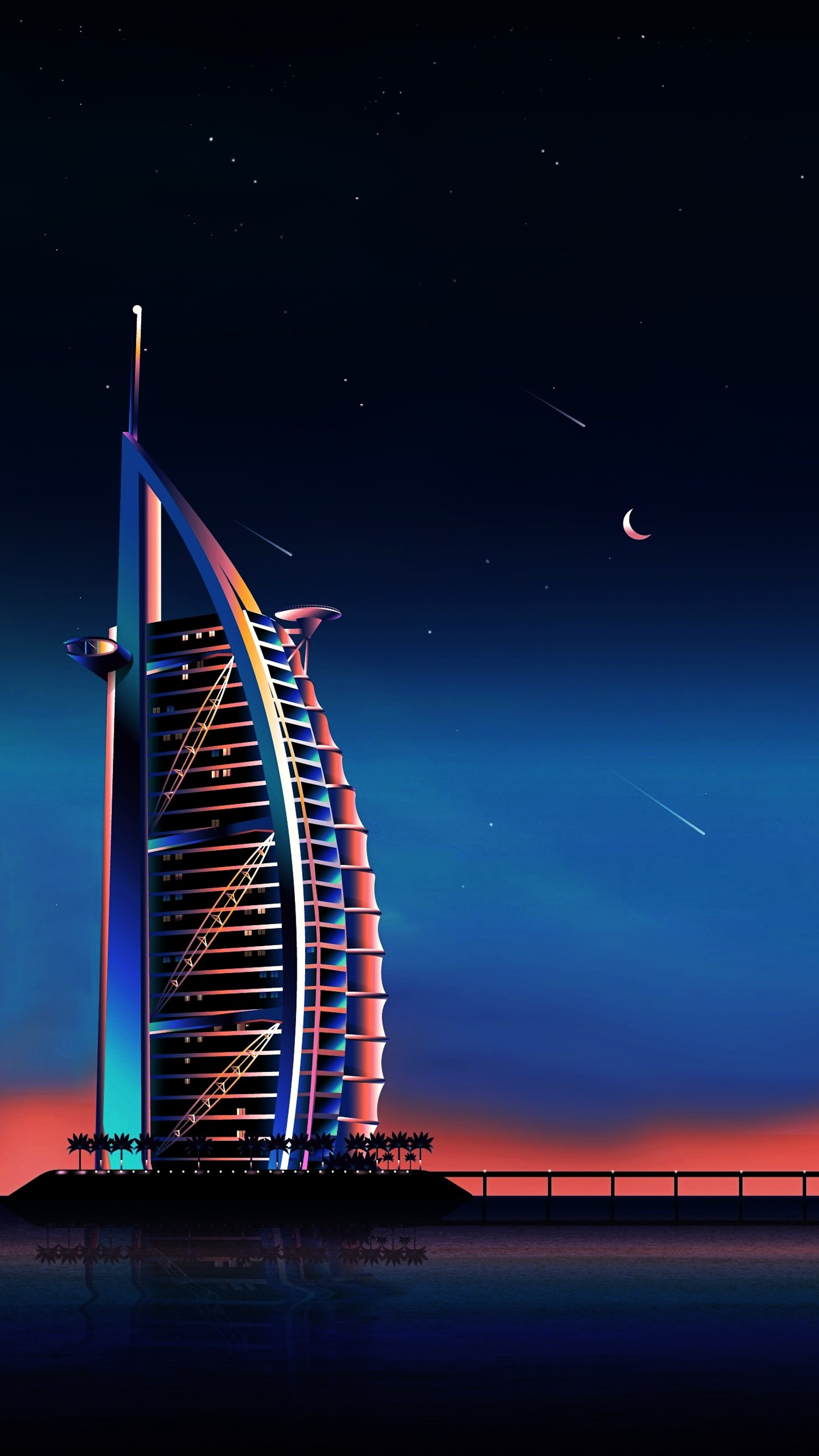 Blick auf ein großes gebäude mit dem mond am himmel (stadt, dubai, vaporwave, nacht, atmosphäre)