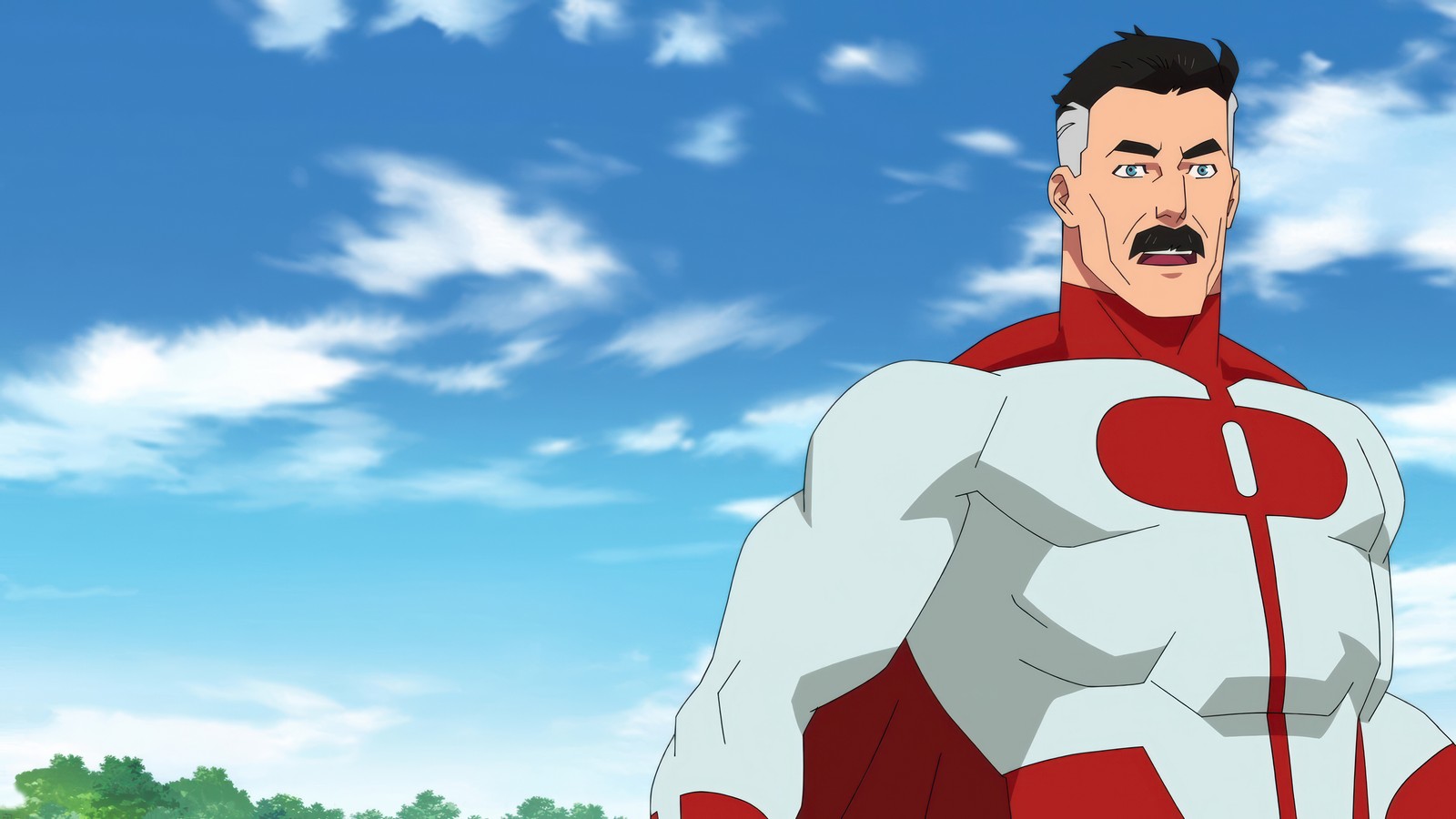 A cartoon of a man in a red and white suit standing in a field (omni man, invincible series, tv series, cartoon, markus sebastian mark grayson)