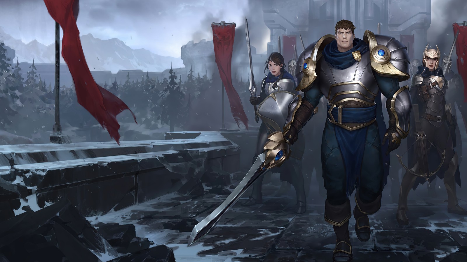 A group of men in armor walking through a city (garen, lol, league of legends, video game, legends of runeterra)