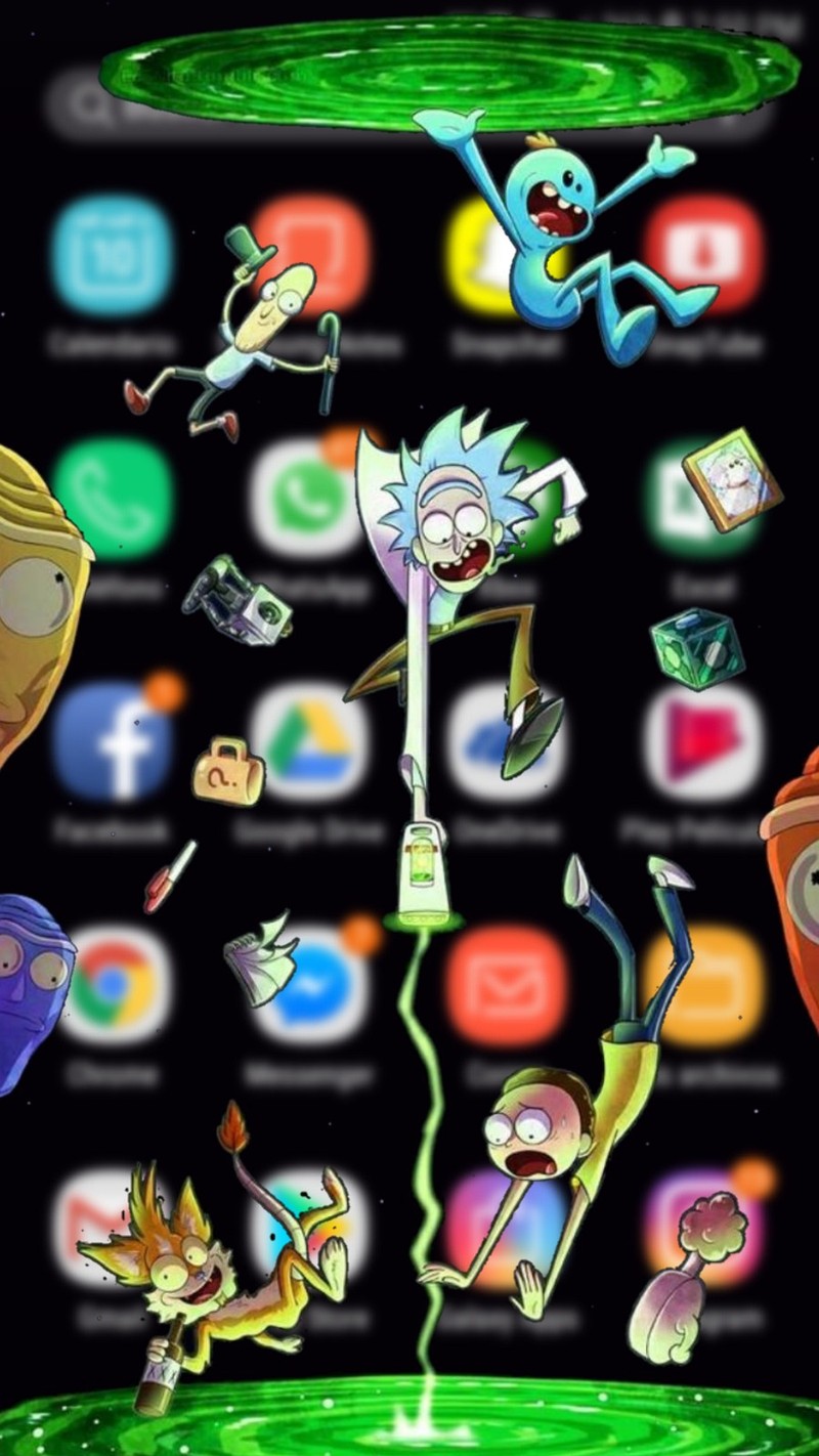 Мультяшные персонажи летают по зеленому полю на черном фоне (android, morty, один, часть, rick)