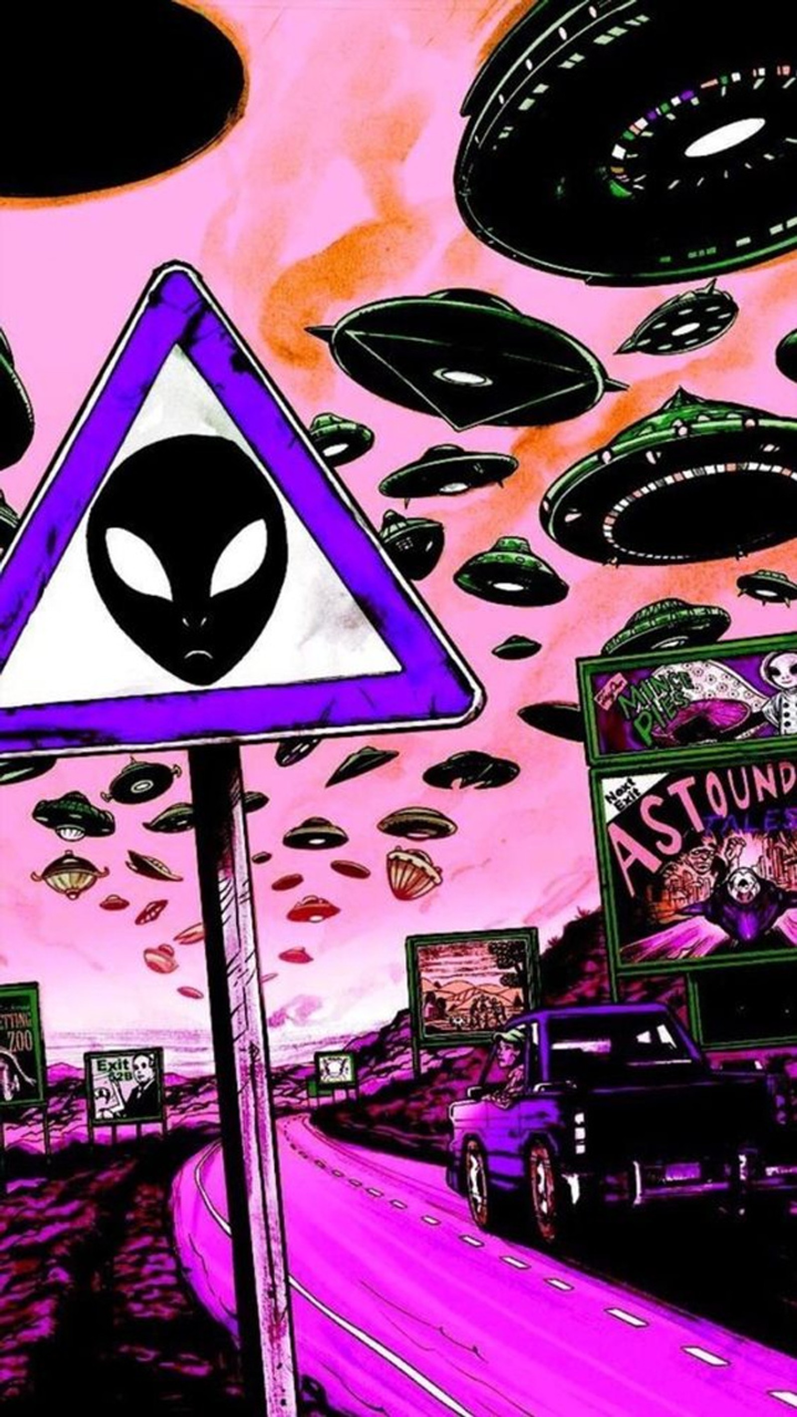 Außerirdisches warnzeichen auf einer straße mit autos und fliegenden tellern (51, außerirdischer, aliens, bereich, area 51)