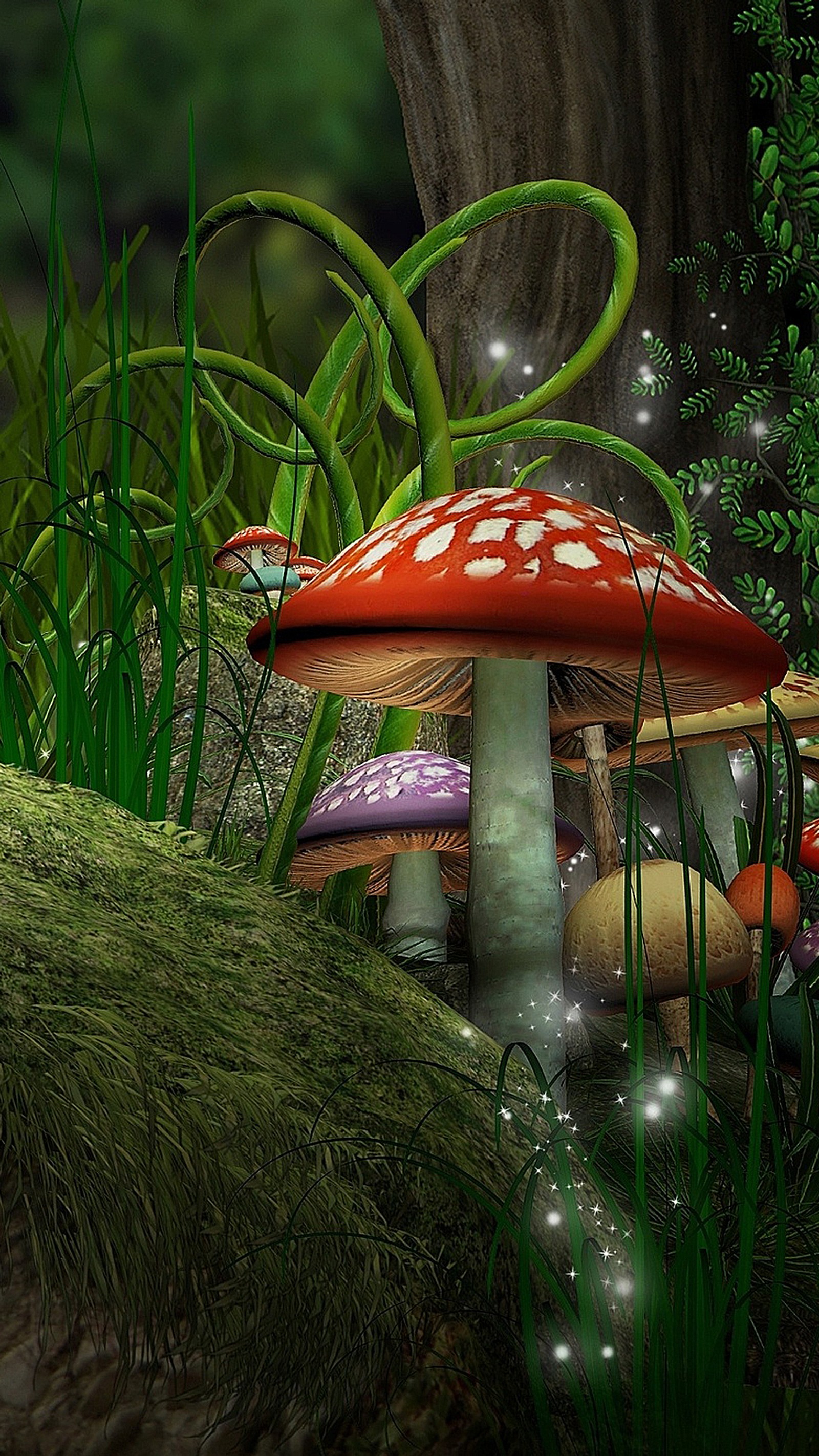 Une petite maison de champignon au milieu d'une forêt (art, vert, champignon, violet, rouge)