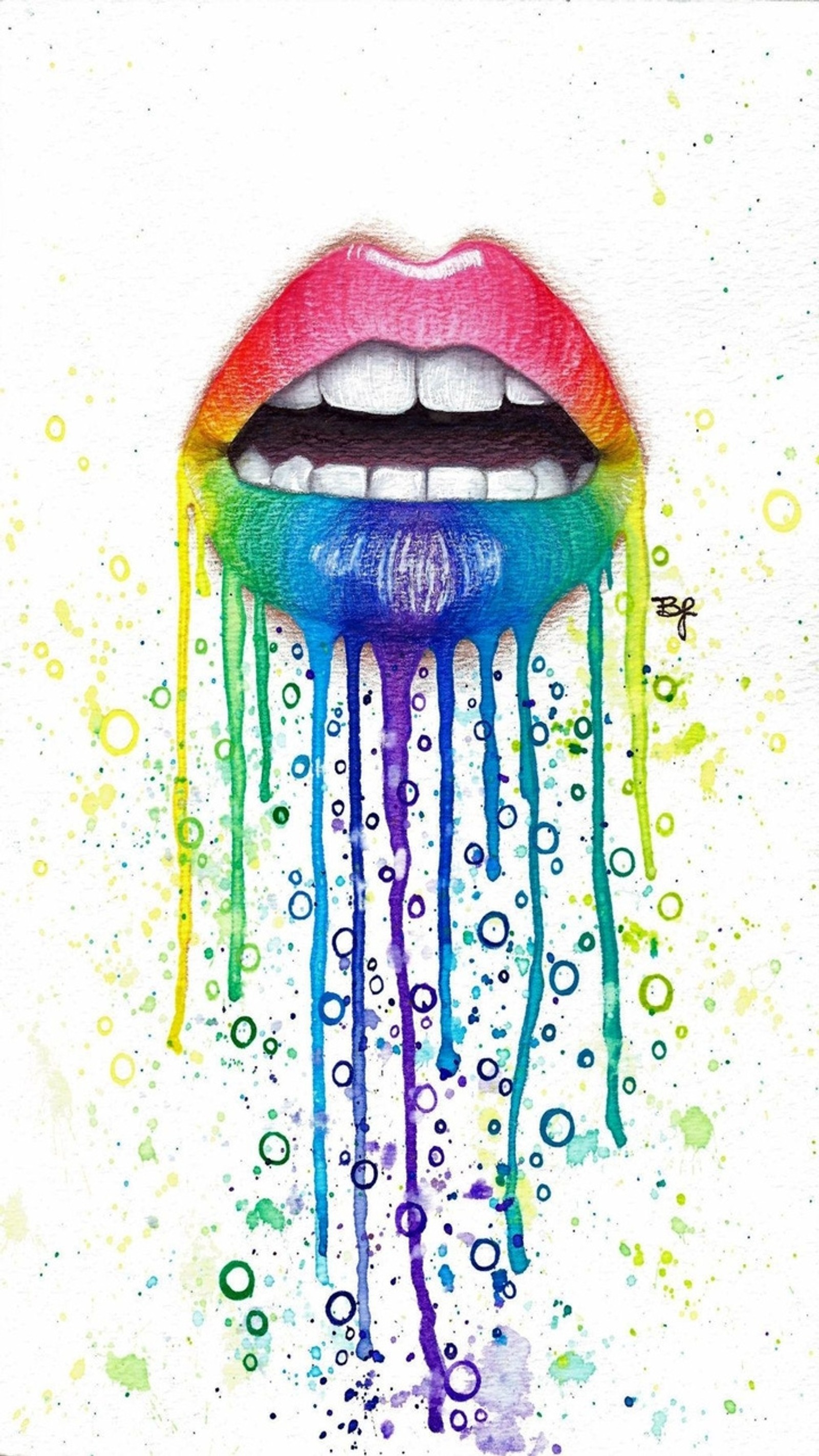 Uma pintura de um lábio arco-íris com tinta arco-íris escorrendo (bolhas, imagens, lgbt, lábios, orgulho)