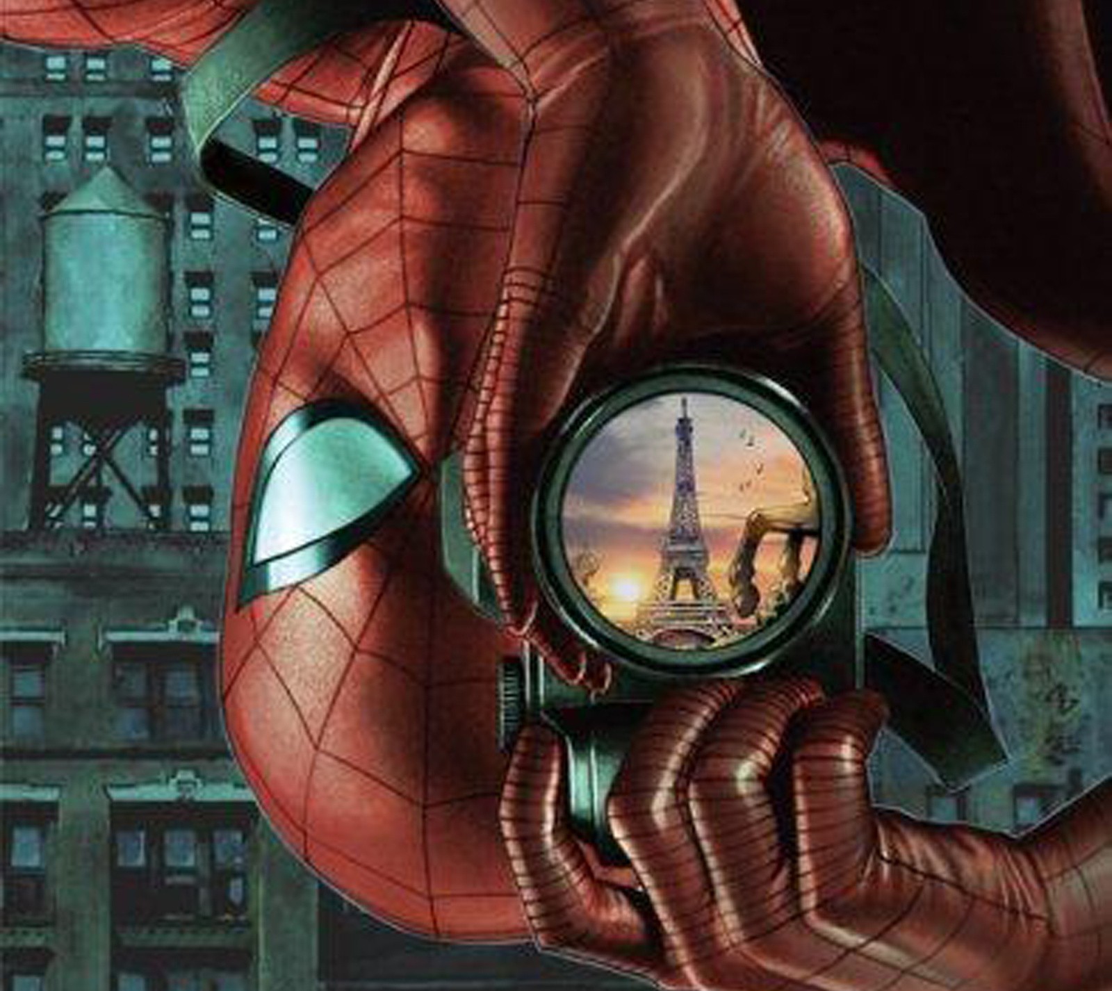 Spider-man regardant à travers un télescope vers la tour eiffel (bande dessinée, spiderman)