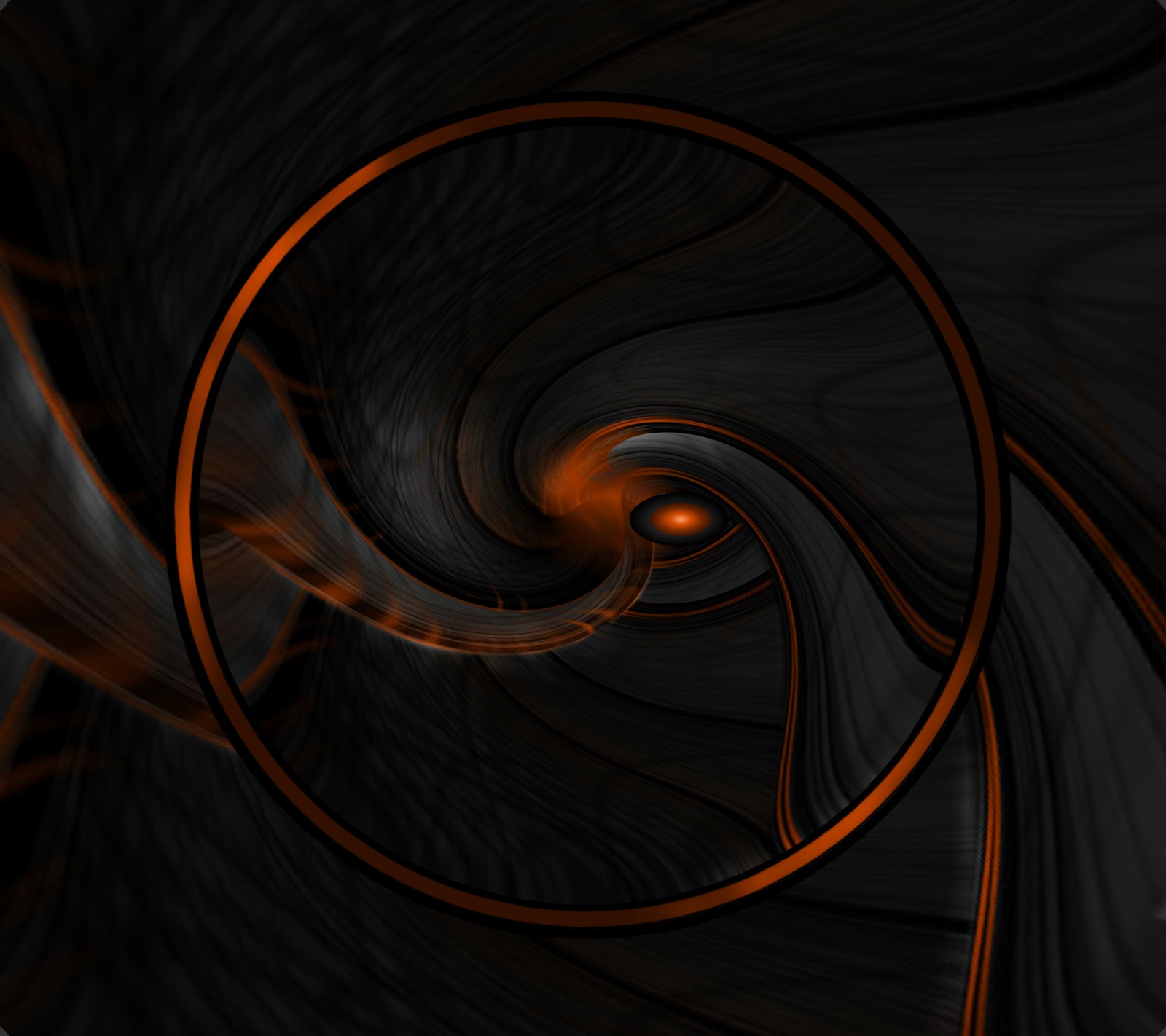 A close up of a spiral design with orange lights (abstract, black, circle, orange)