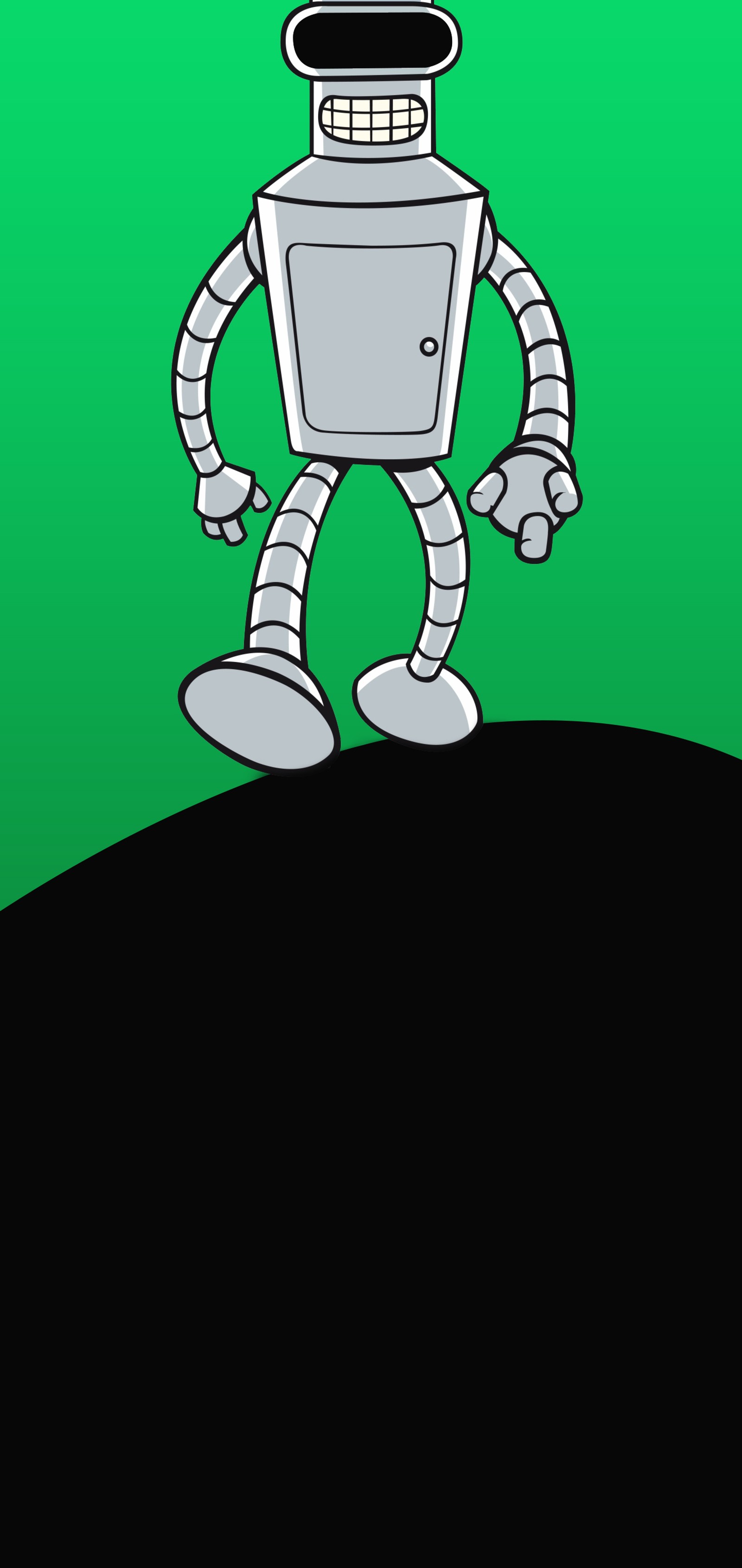 Cartoon robot standing on a hill with a green background (notch, water drop notch)