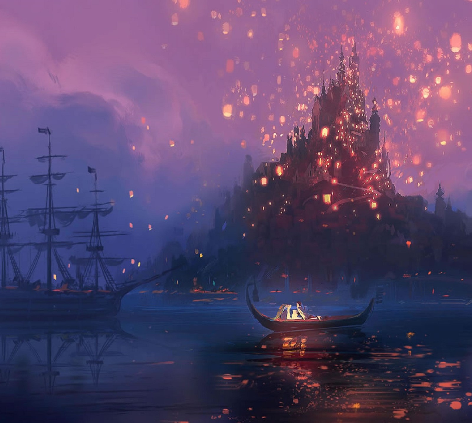 Uma foto tirada de um barco com um castelo ao fundo (disney, eugene, flynn, princesa, rapunzel)