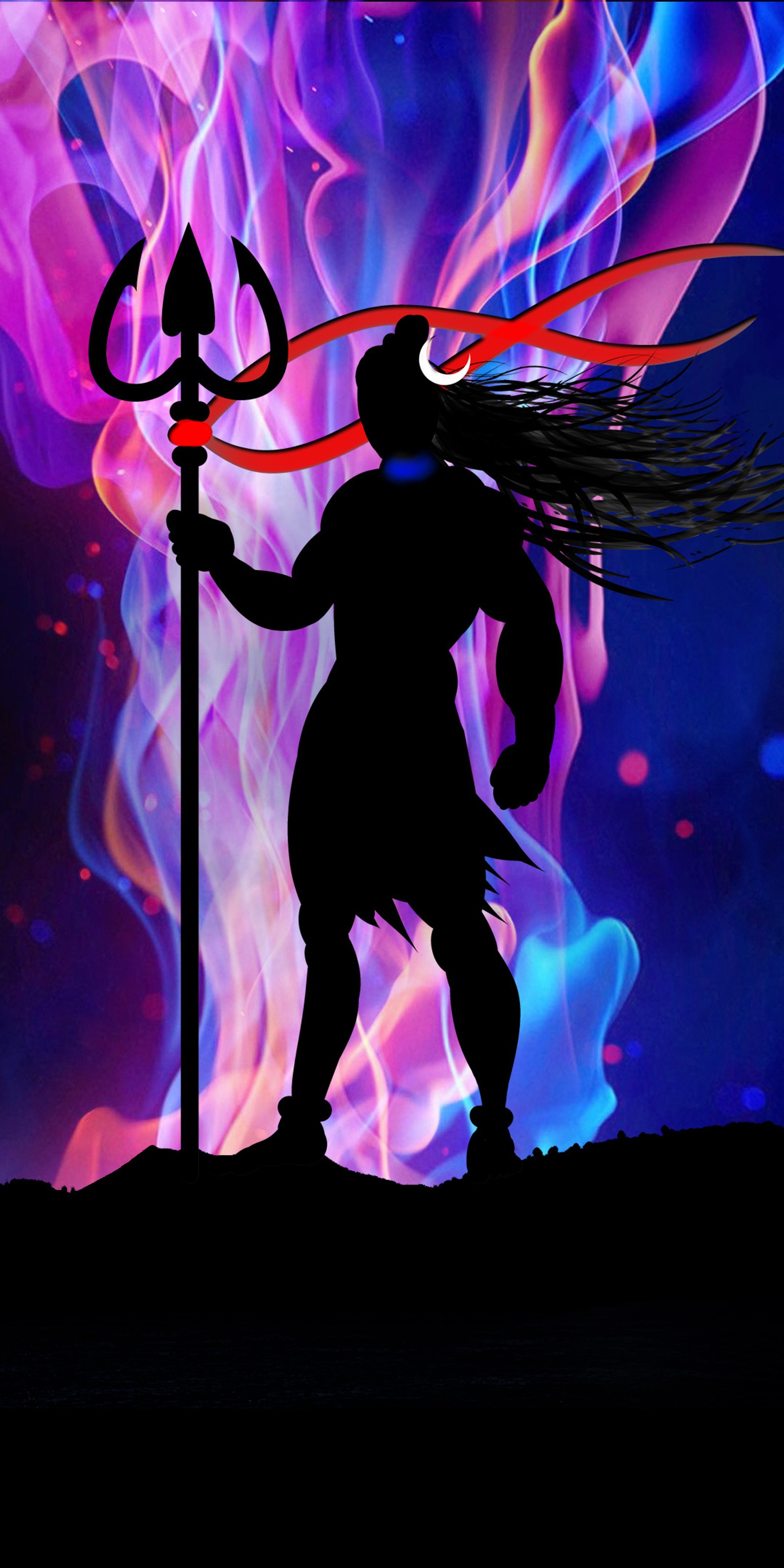 Il y a une silhouette d'un homme avec une faux se tenant devant un feu (mahadev, shankar, shiva)