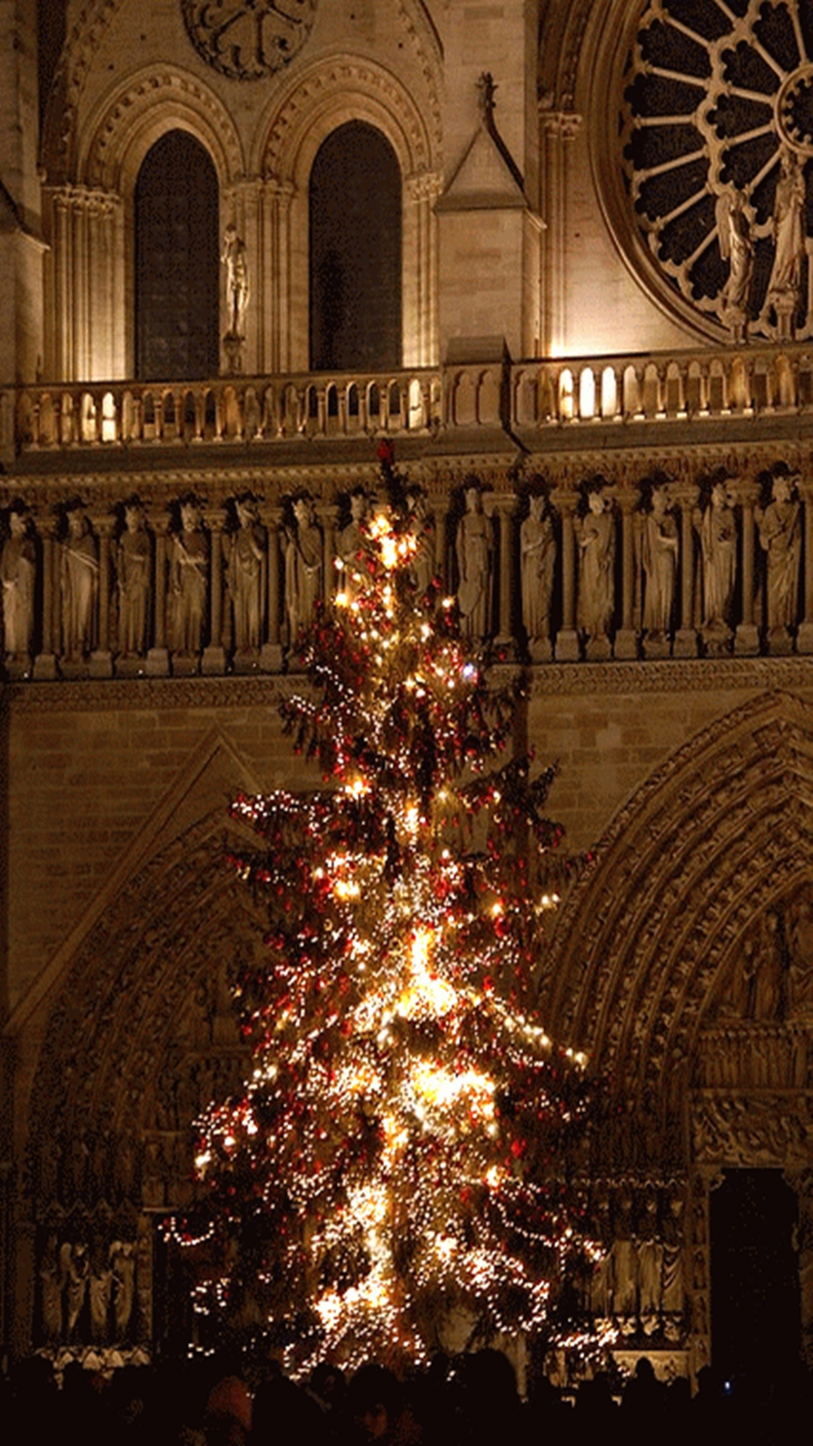 Arafed christmas tree in front of a cathedral with a clock (christmas, tree)