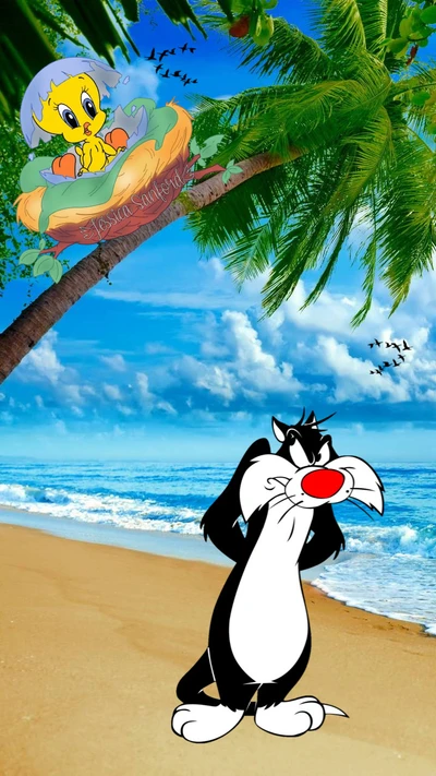 tweety bird, sylvester, cat, bird, beach