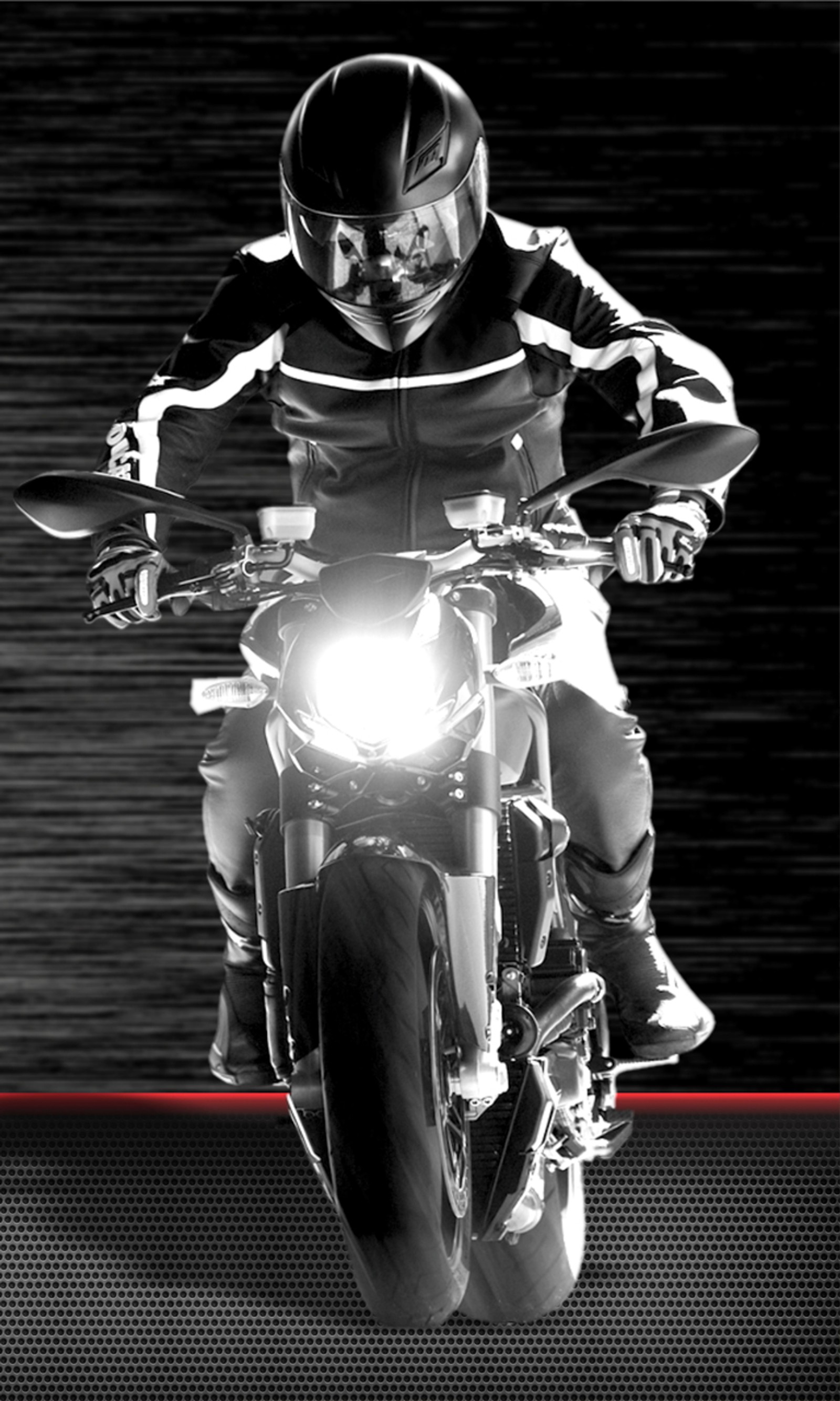 Motorcycle rider in black and white photo with red stripe (black, cool, engine, kawasaki, motorcycle)