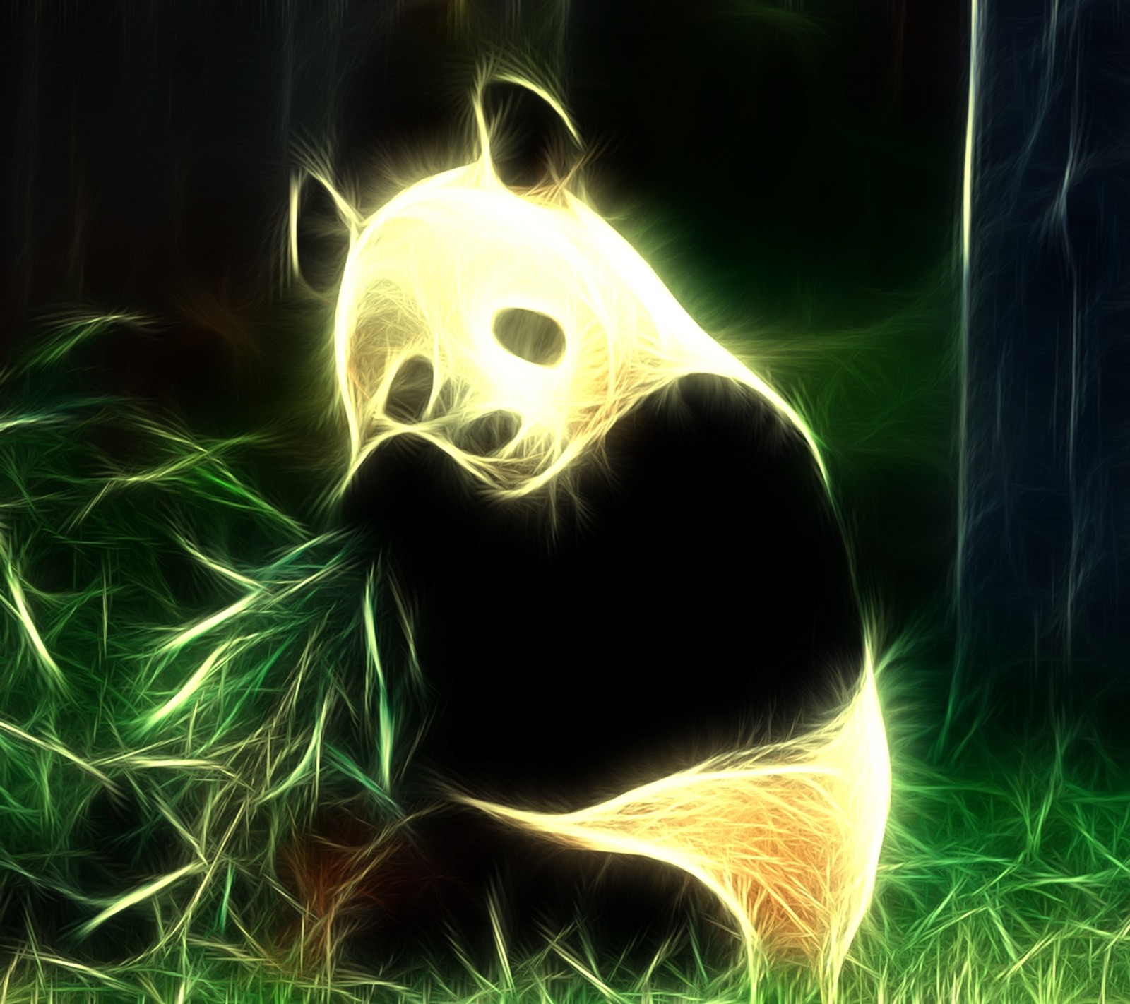 Una panda sentada en la hierba con la cabeza en las manos (oso, china, fractal, panda)