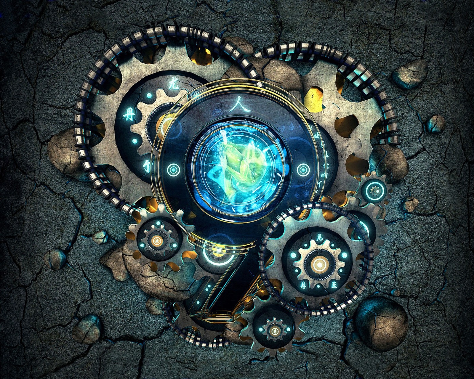 A close up of a clock with gears and a magnifying glass (3d, blue, circles, scifi)